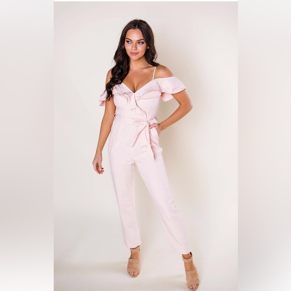 Blush ruffle cold shoulder jumpsuit - Picture 2 of 4